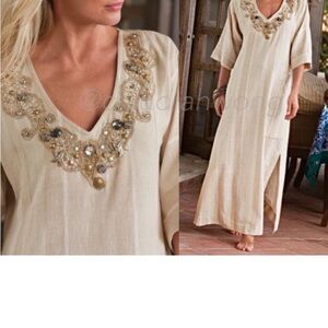 Soft Surroundings Cream Maxi Dress with Gold Embellishments. EUC